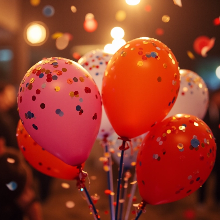 Balões festivos cheios de confetes na recepção de casamento.