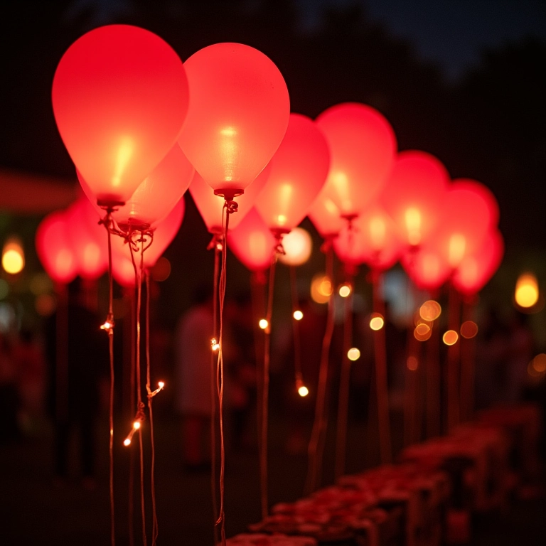 Balões luminosos iluminando a recepção de casamento.
