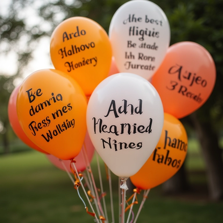 Balões personalizados com nomes e frases no casamento.