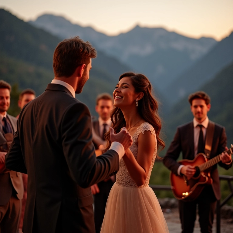Banda acústica tocando em um casamento na serra, criando atmosfera emocionante.