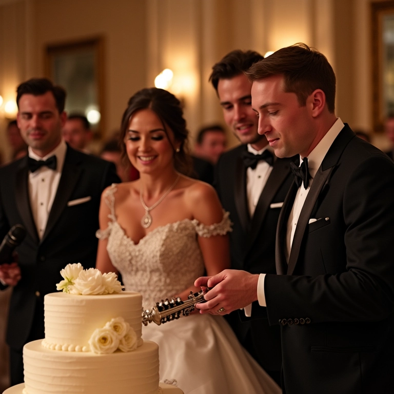 Banda toca música emocionante durante o corte do bolo.