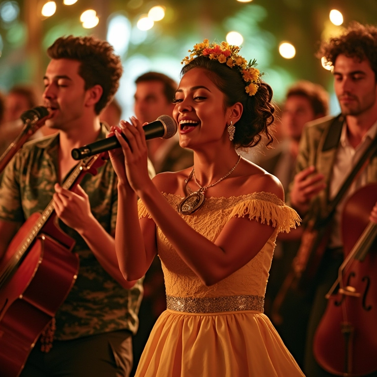 Banda tocando ritmos tropicais em casamento no Brasil.