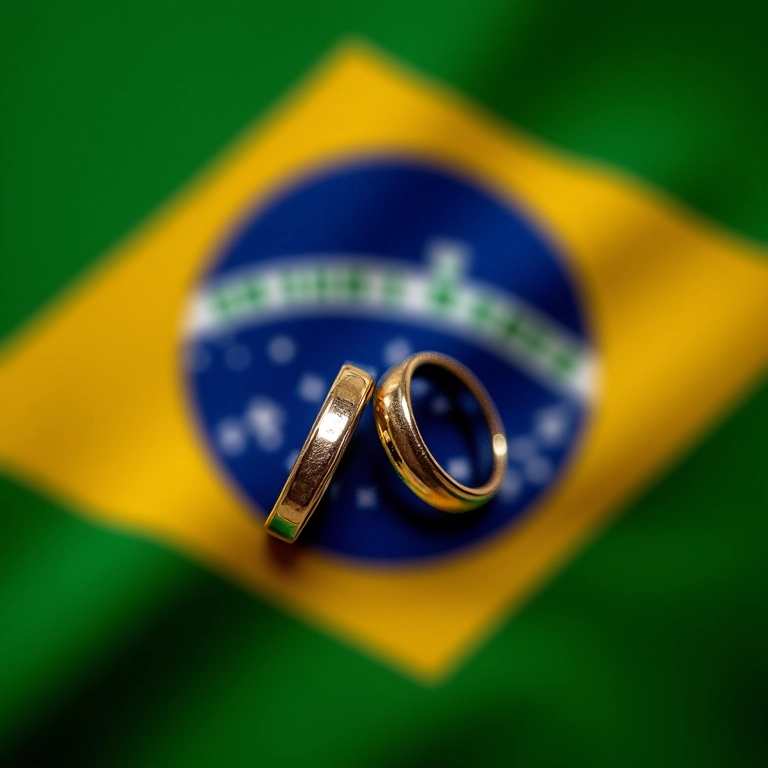 Bandeira brasileira com alianças representando legalidade do casamento virtual.