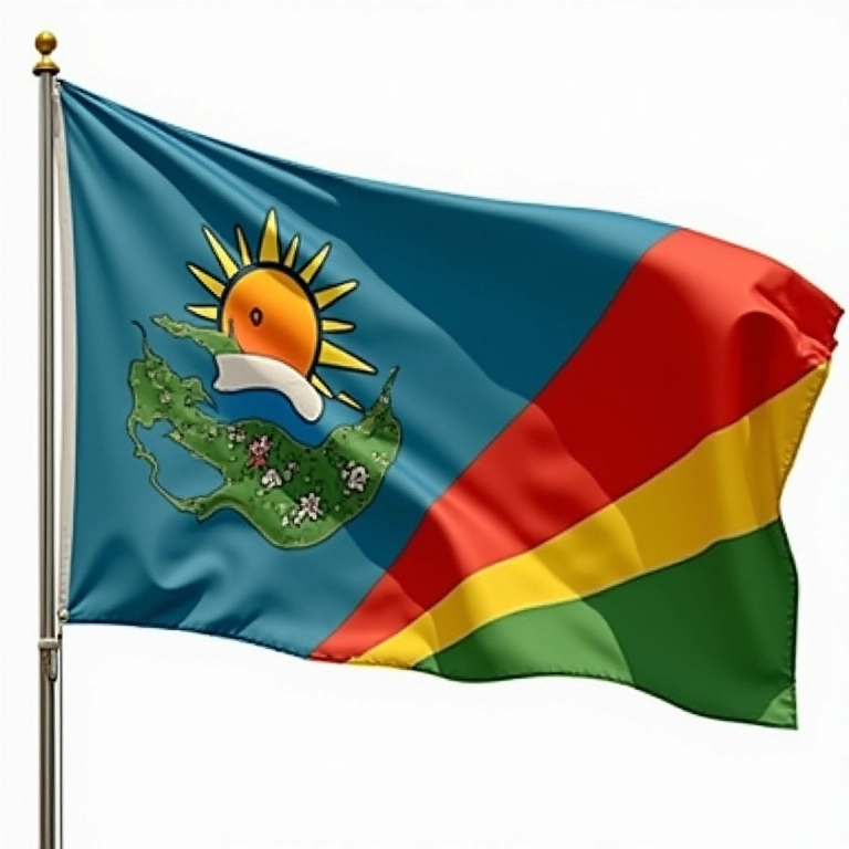 Bandeira das Ilhas Maurício com texto em francês e inglês.