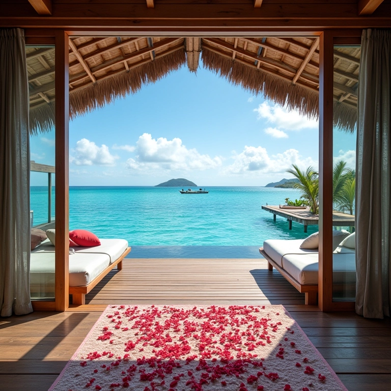 Bangalô de luxo sobre a água para cerimônia de casamento no Taiti.