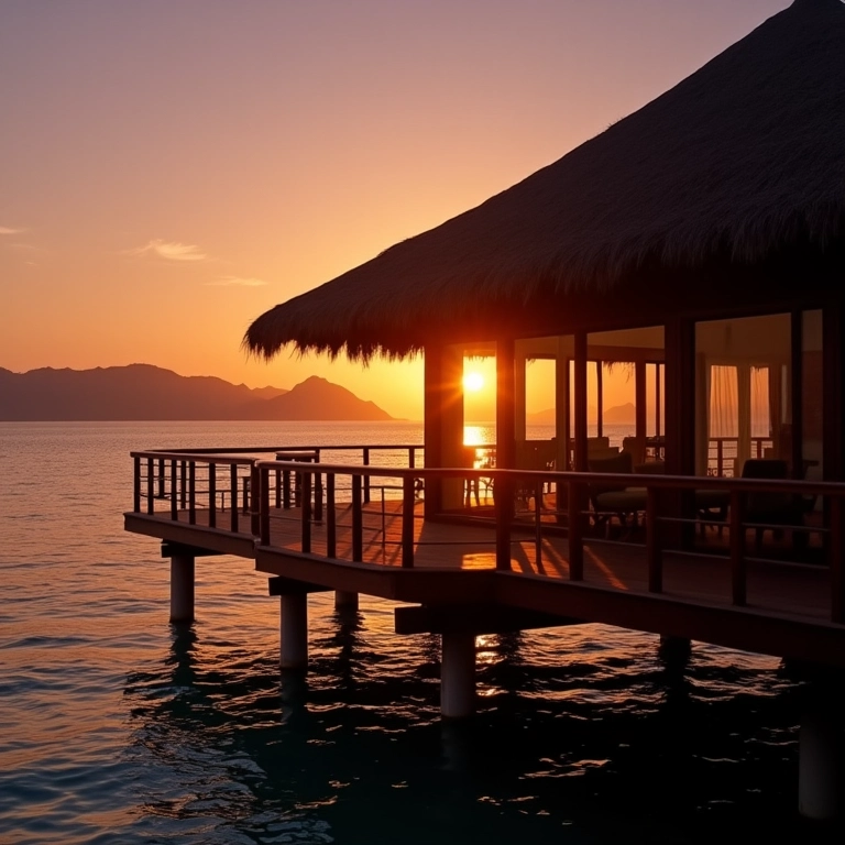 Bangalô sobre a água ao pôr do sol em Phi Phi.