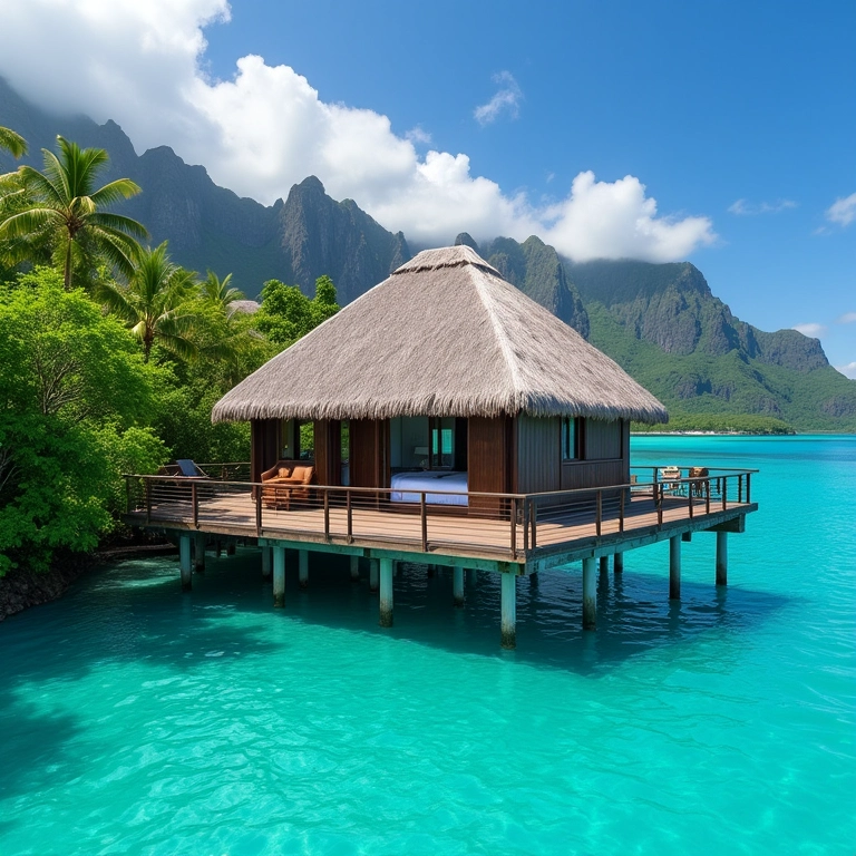 Bangalô sobre as águas cristalinas em Bora Bora, um refúgio de luxo para casais em lua de mel.