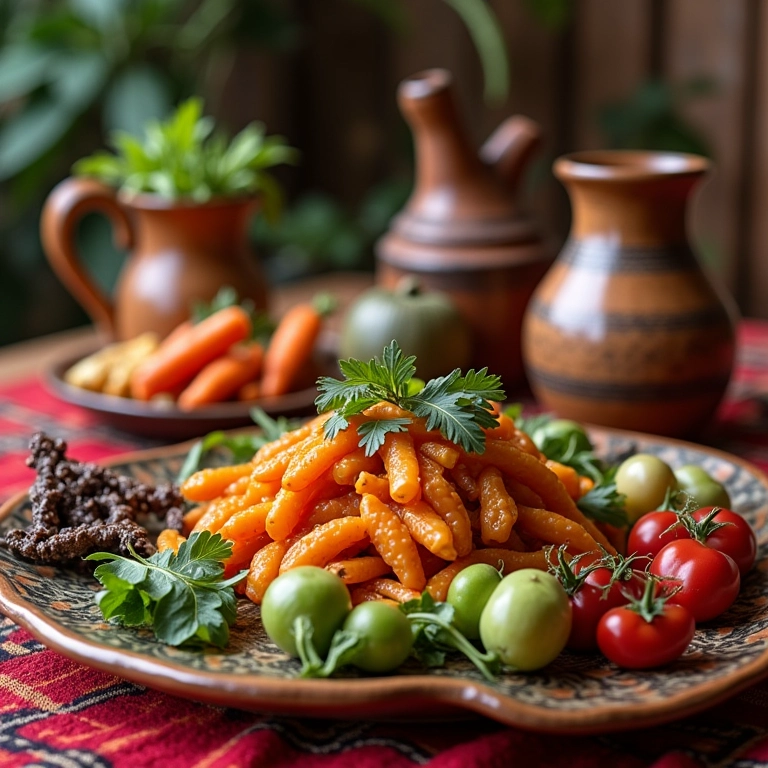 Banquete de casamento indígena com comidas típicas e apresentação colorida.