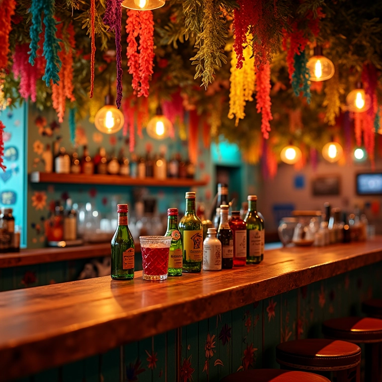 Bar de madeira temático com cores vibrantes de carnaval.