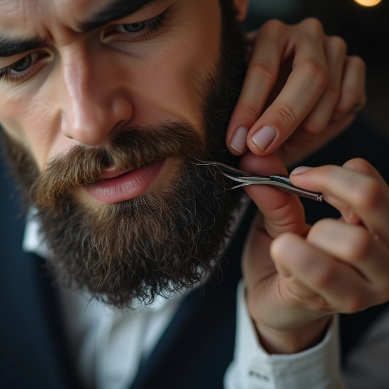 Barbeiro aparando os pelos soltos da barba do noivo.