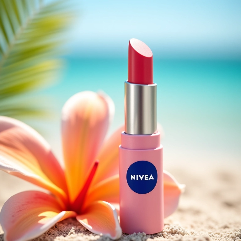 Batom hidratante da Nivea com cor em uma flor tropical.
