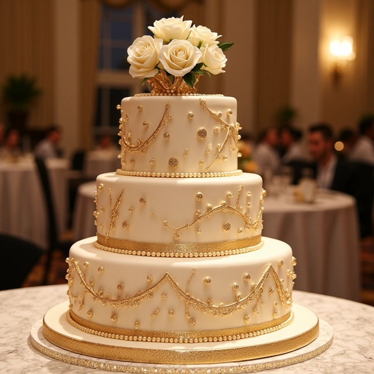 Bolo de casamento com detalhes em dourado.