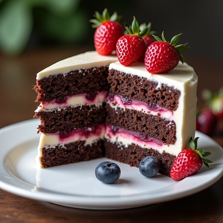 Bolo de casamento com recheio de chocolate e frutas vermelhas.