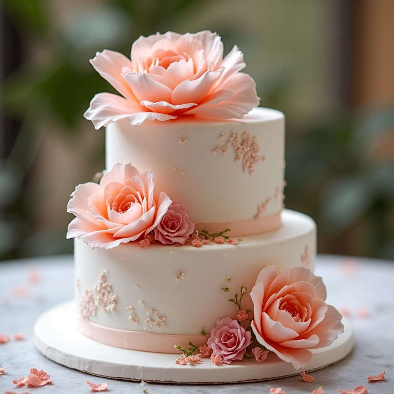 Bolo de casamento decorado com flores artificiais elegantes.