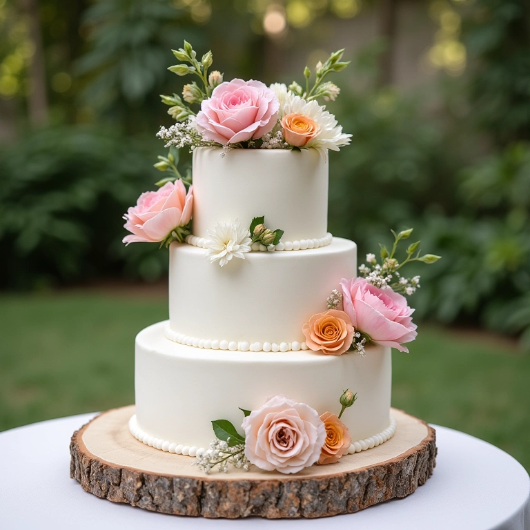 Bolo de casamento decorado com flores naturais.