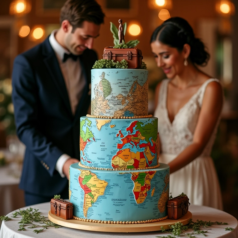 Bolo de casamento elaborado com tema de viagem, com mapas de fondant e decorações de malas.