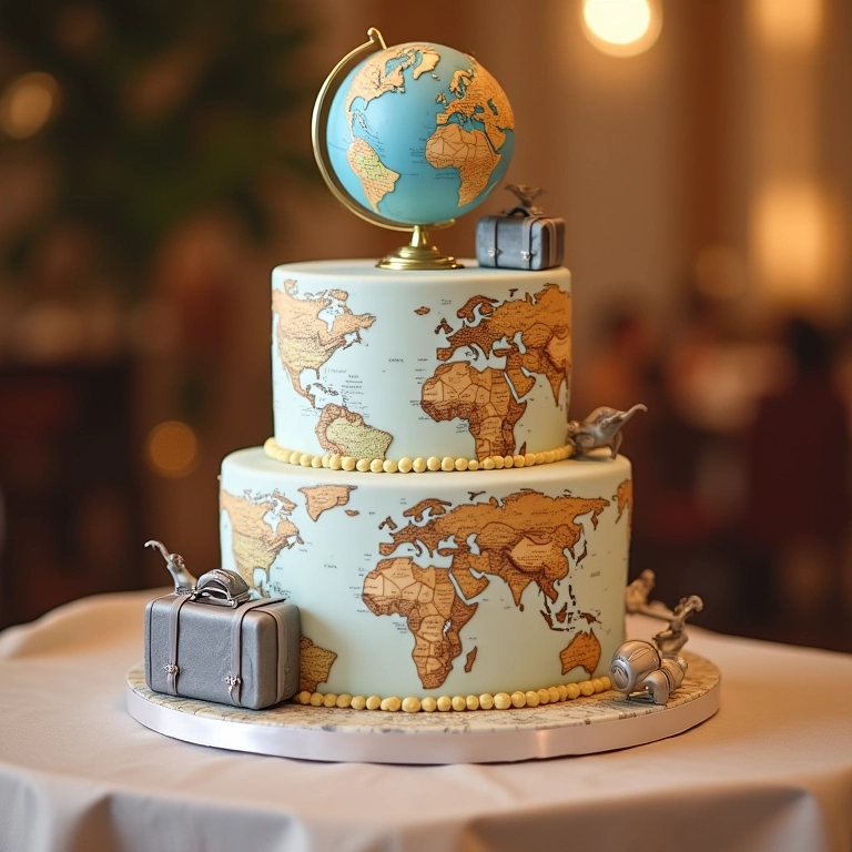 Bolo de casamento elegante com mapas de fondant, malas em miniatura e um globo no topo.