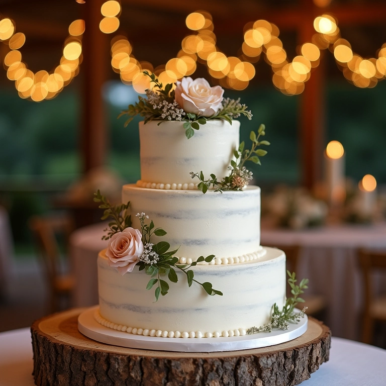 Bolo de casamento rústico combinando com estilo do casamento.