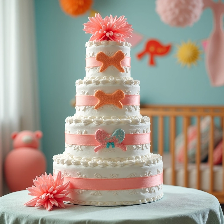 Bolo de Fraldas Decorativo: O Centro das Atenções Bolo de fraldas decorativo de vários andares com fitas e enfeites de bebê.