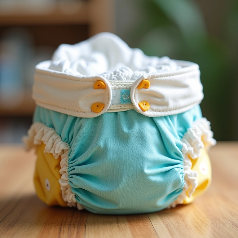 Bolo de fraldas sendo montado com fraldas descartáveis e de pano coloridas.