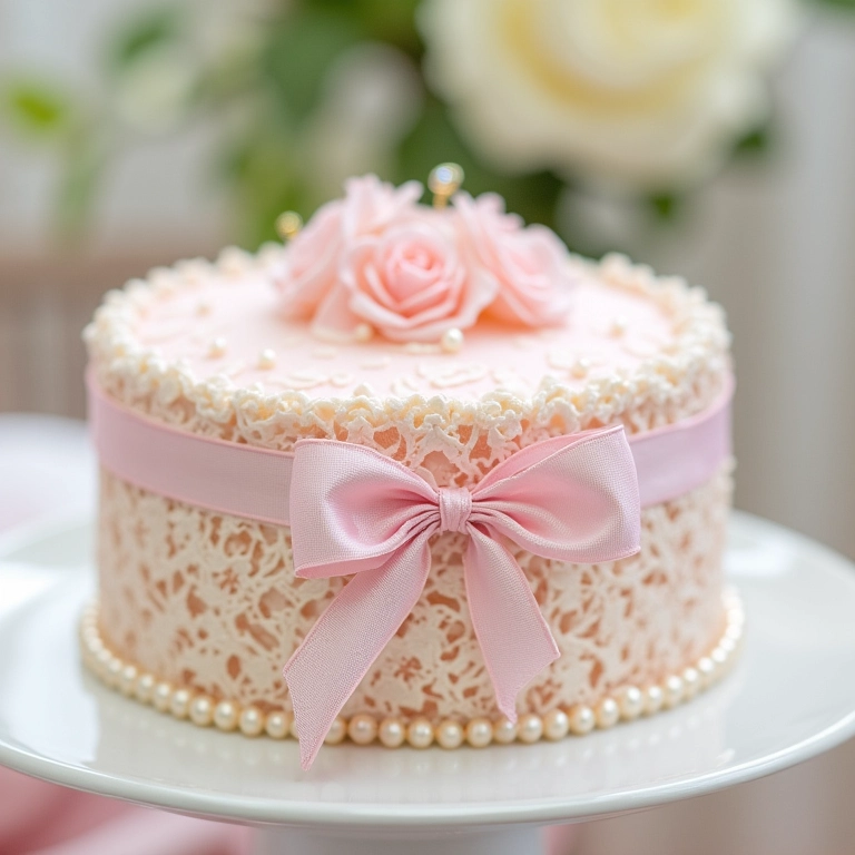 Bolo de pano de prato com decoração romântica em tons pastel.