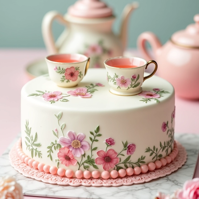 Bolo de pano de prato temático para festa de chá.