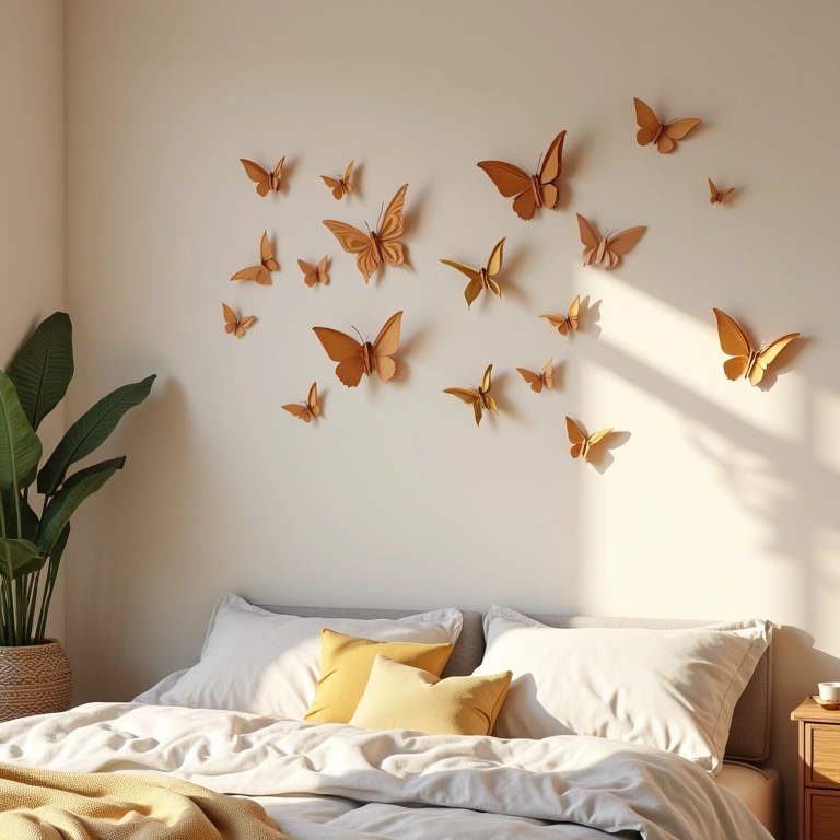 Borboletas de origami fixadas na parede de um quarto.