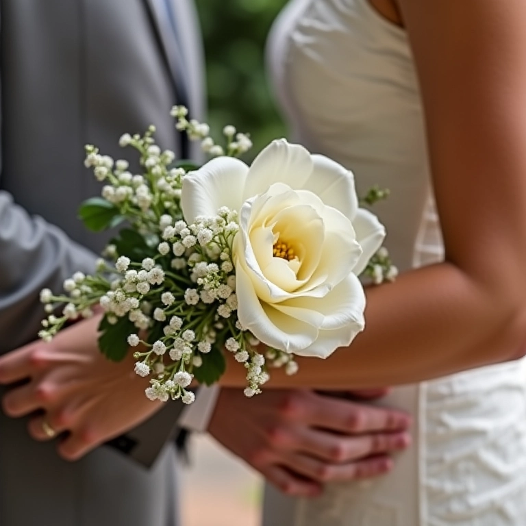 Braço de madrinha adornado com um corsage floral elegante.