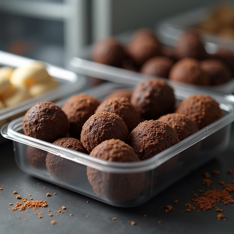 Brigadeiros gourmet armazenados em recipientes herméticos para conservação.