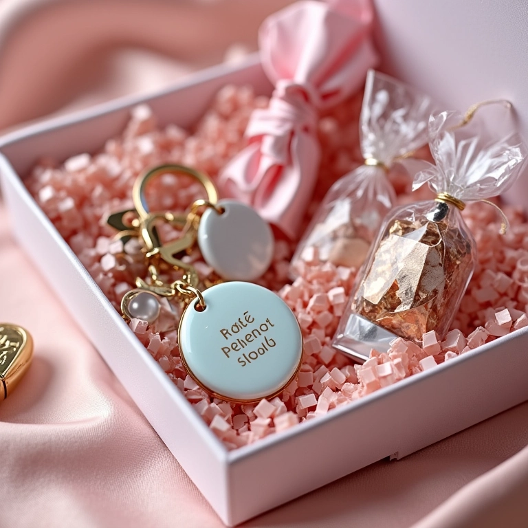 Brindes de casamento personalizados em um kit de boas-vindas.