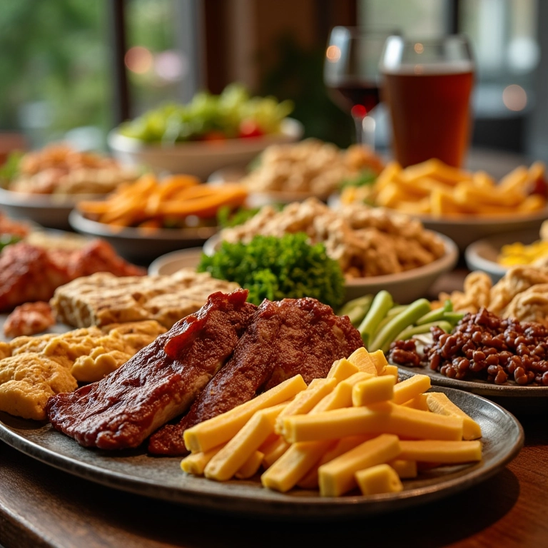 Buffet americano com diversas opções de comida saudável.