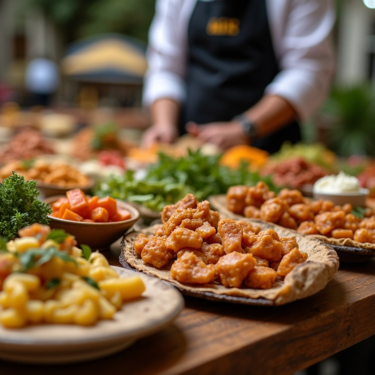 Buffet servindo casamento no campo, com variedade de opções e atendimento amigável.