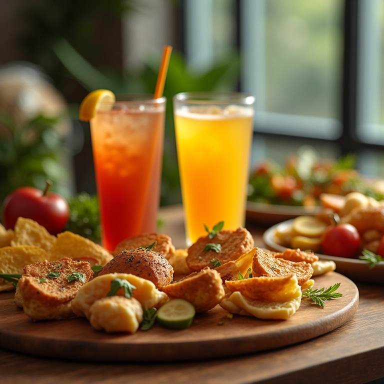 Buffet virtual com petiscos brasileiros e caipirinhas em tela.