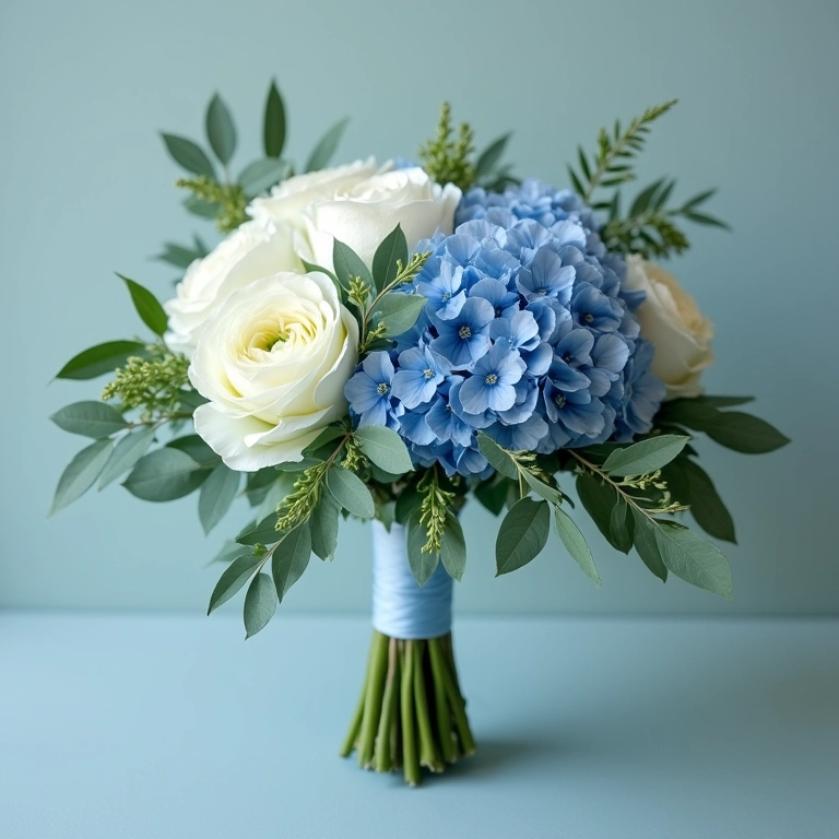 Buquê de casamento em tons frios com eucalipto e hortênsias.
