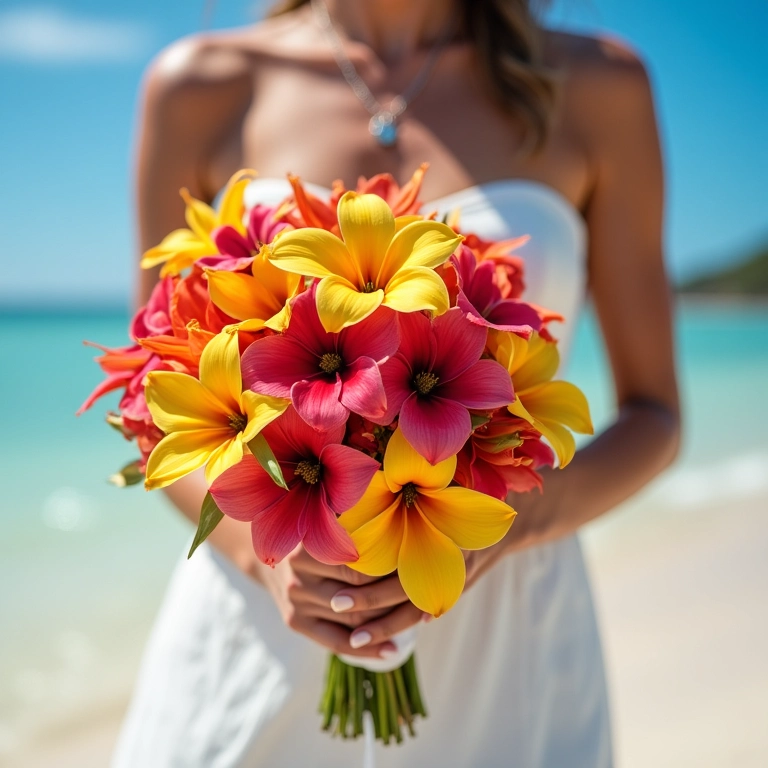 Buquê de casamento na praia com flores tropicais coloridas.