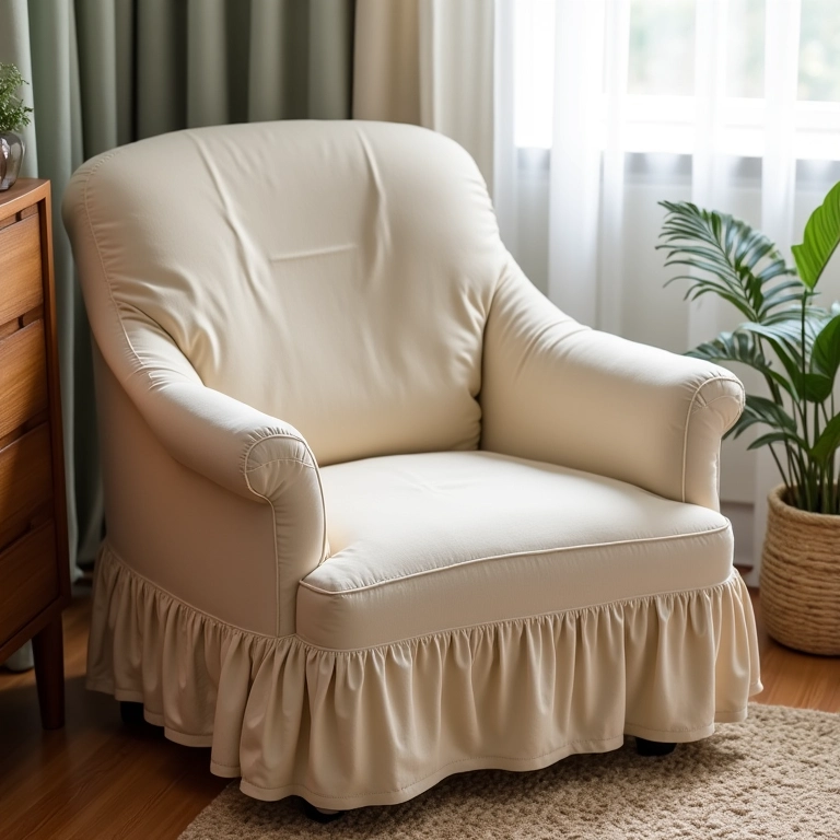 Cadeira confortável com capa de tricoline pastel.