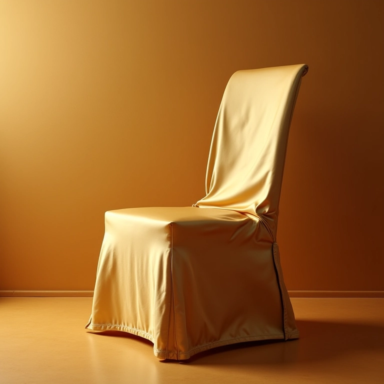 Cadeira luxuosa com capa de cetim dourado.