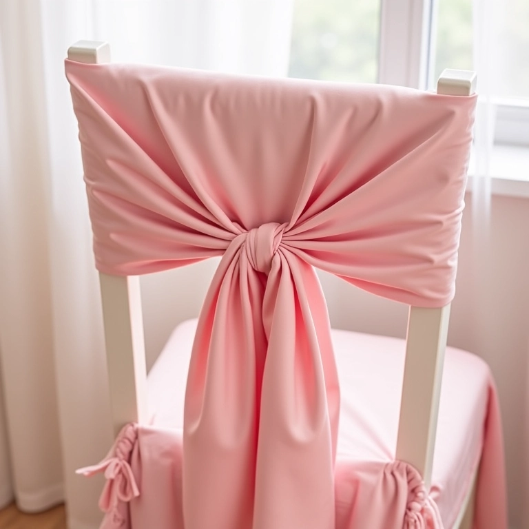 Cadeira romântica com capa e laço rosa.