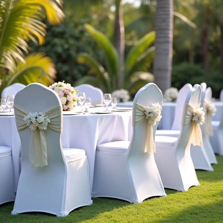 Cadeiras com capas brancas em casamento ao ar livre.