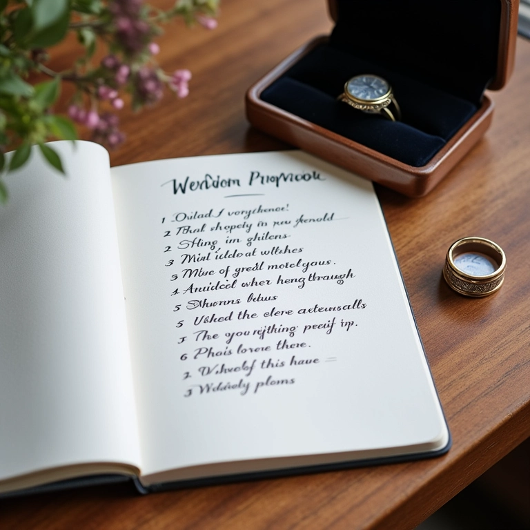 Caderno aberto com ideias criativas para pedido de casamento e anel de noivado.