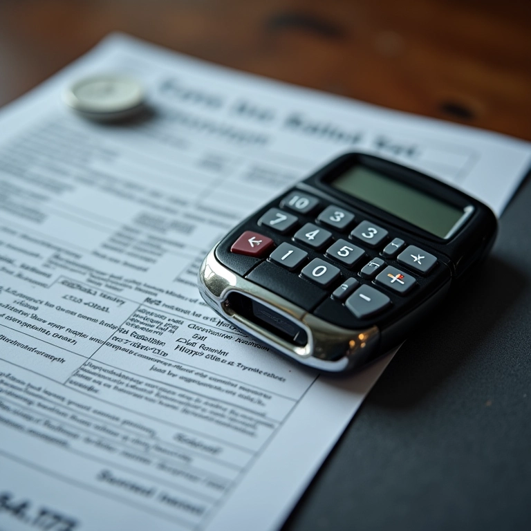 Calculadora ao lado de contrato de locação de carro e chaves de carro de luxo.