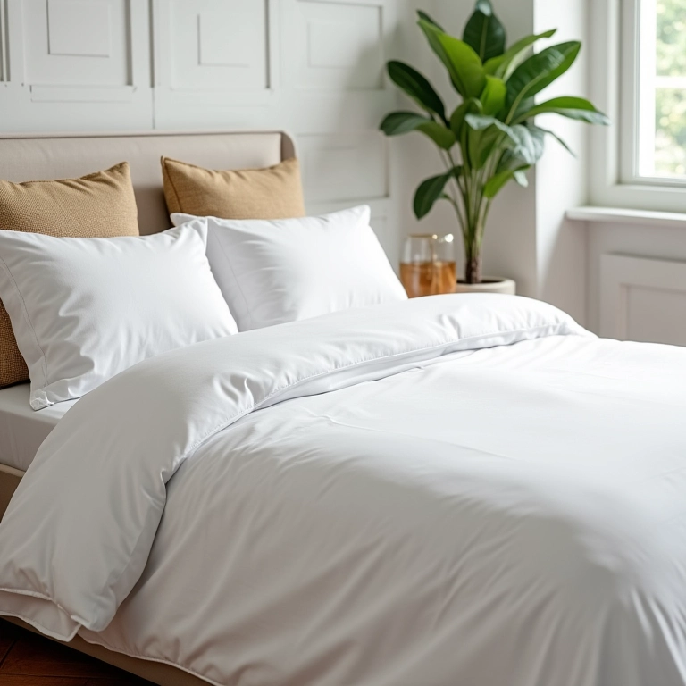 Cama convidativa com roupa de cama branca e detalhes aconchegantes