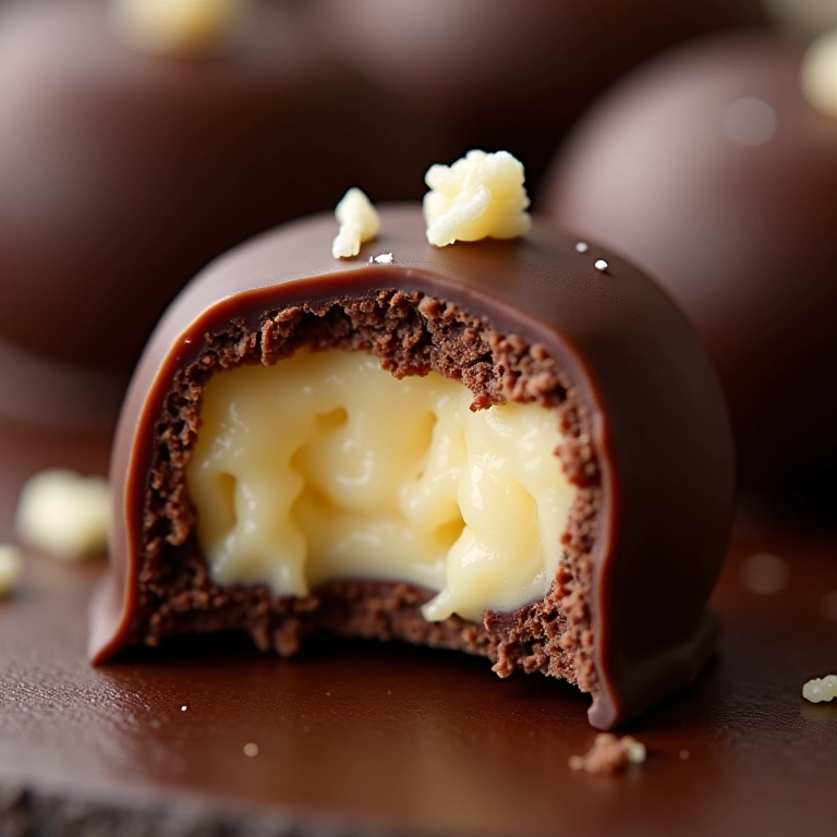 Camafeu de nozes coberto com chocolate, mostrando o interior cremoso.