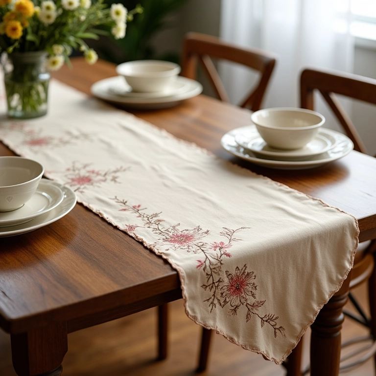 Caminho de mesa elegante em seda bordada sobre mesa retangular com louças refinadas.