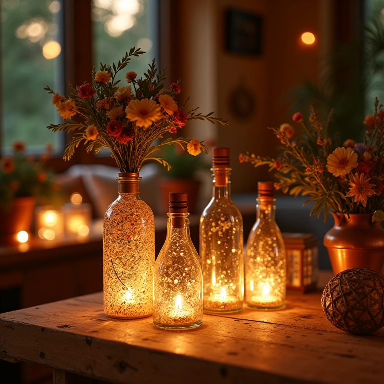 Cantinho dos noivos charmoso com garrafas personalizadas na decoração.