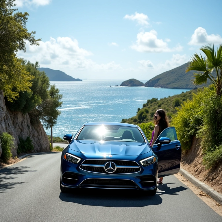 Carro alugado estacionado em rua de St. Barths com vista para o mar.