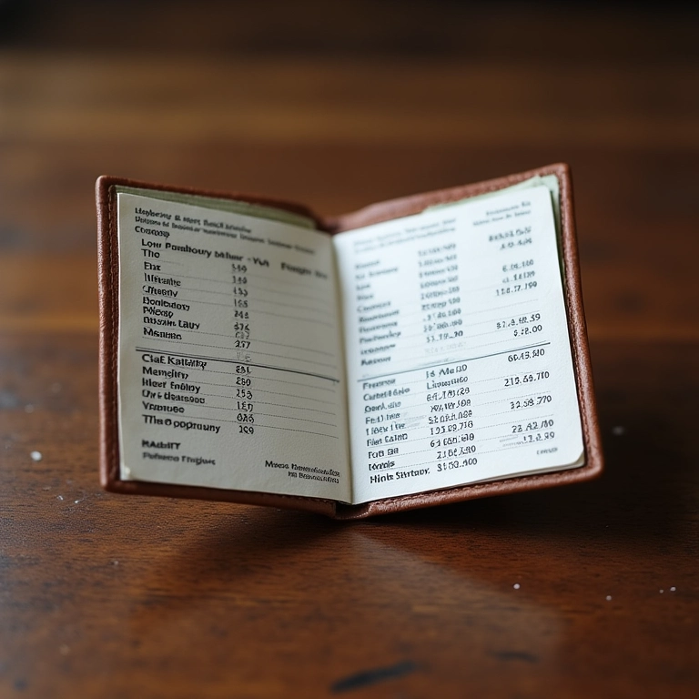 Carteira aberta com detalhamento do orçamento de casamento, mostrando custos mais baixos em certos meses.