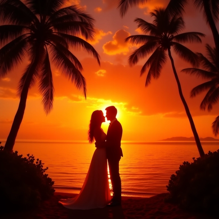 Casal admirando o pôr do sol em casamento tropical no Brasil.