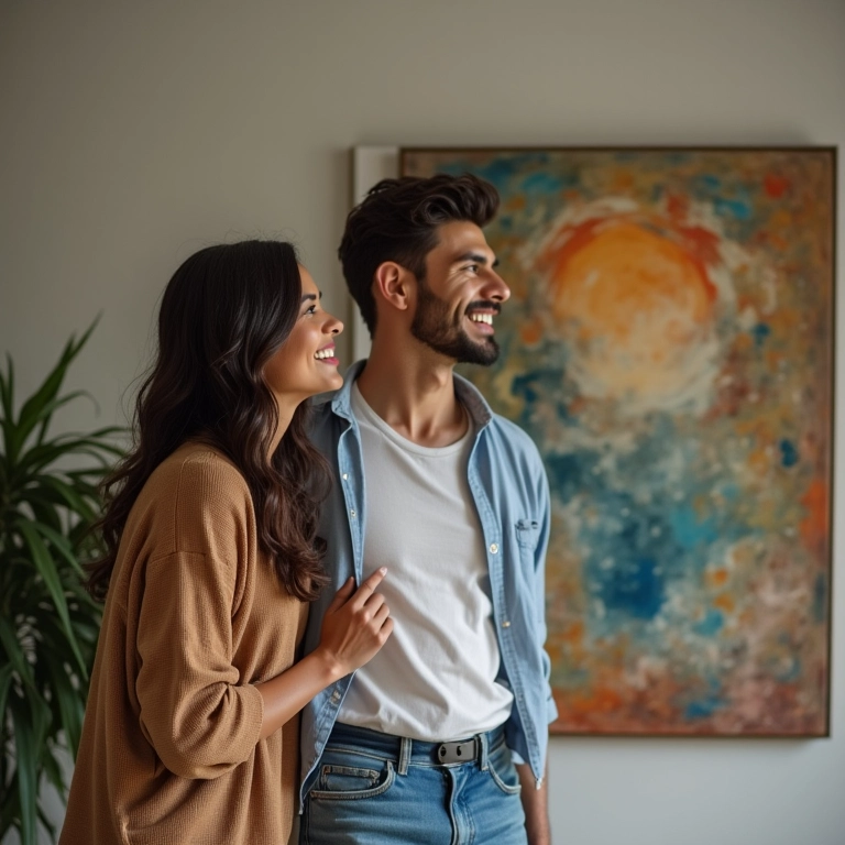 Casal admirando presente em casa nova.