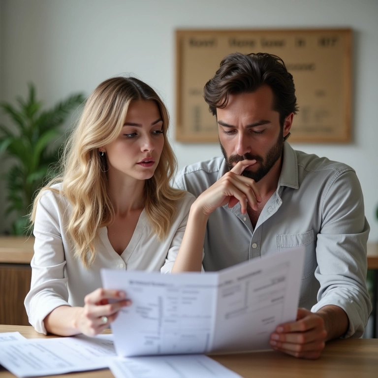 Casal analisando orçamento de casamento com assessora.